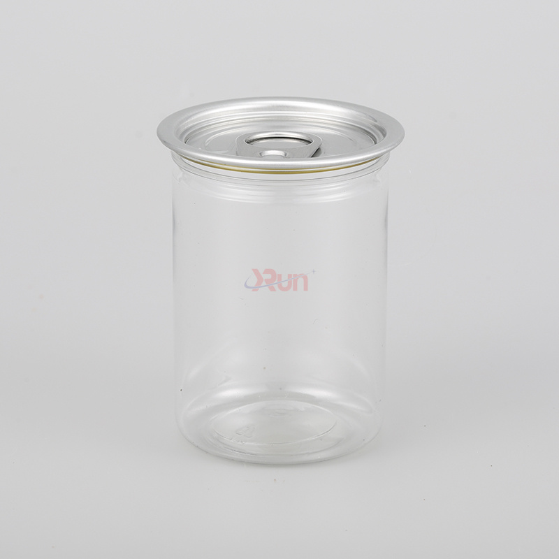 Our diverse range of plastic jars for packaging includes the popular transparent plastic cans format, perfect for clear beverage packaging and sealed with an aluminum easy-open lid.